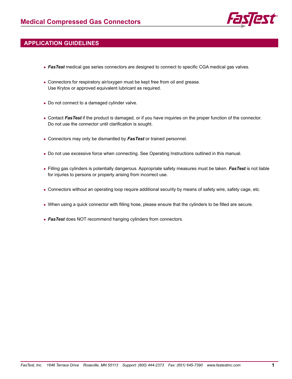 Medical compressed gas connectors, Application guidelines | FasTest Compressed Gas Medical Connectors User Manual | Page 3 / 20