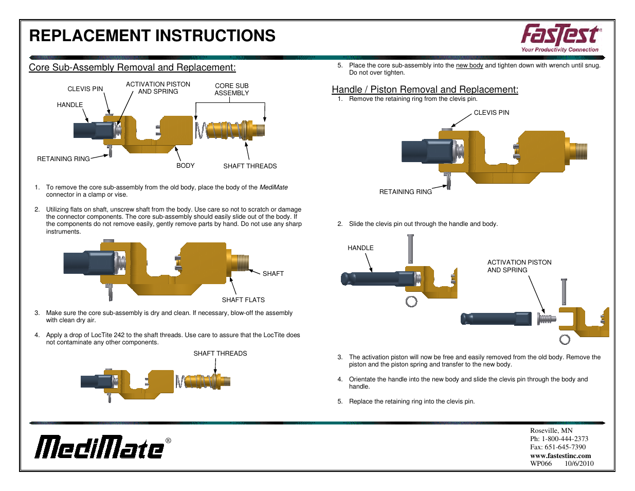 Replacement instructions, Core sub-assembly removal and replacement, Handle / piston removal and replacement | FasTest MediMate Connector Body User Manual | Page 2 / 2