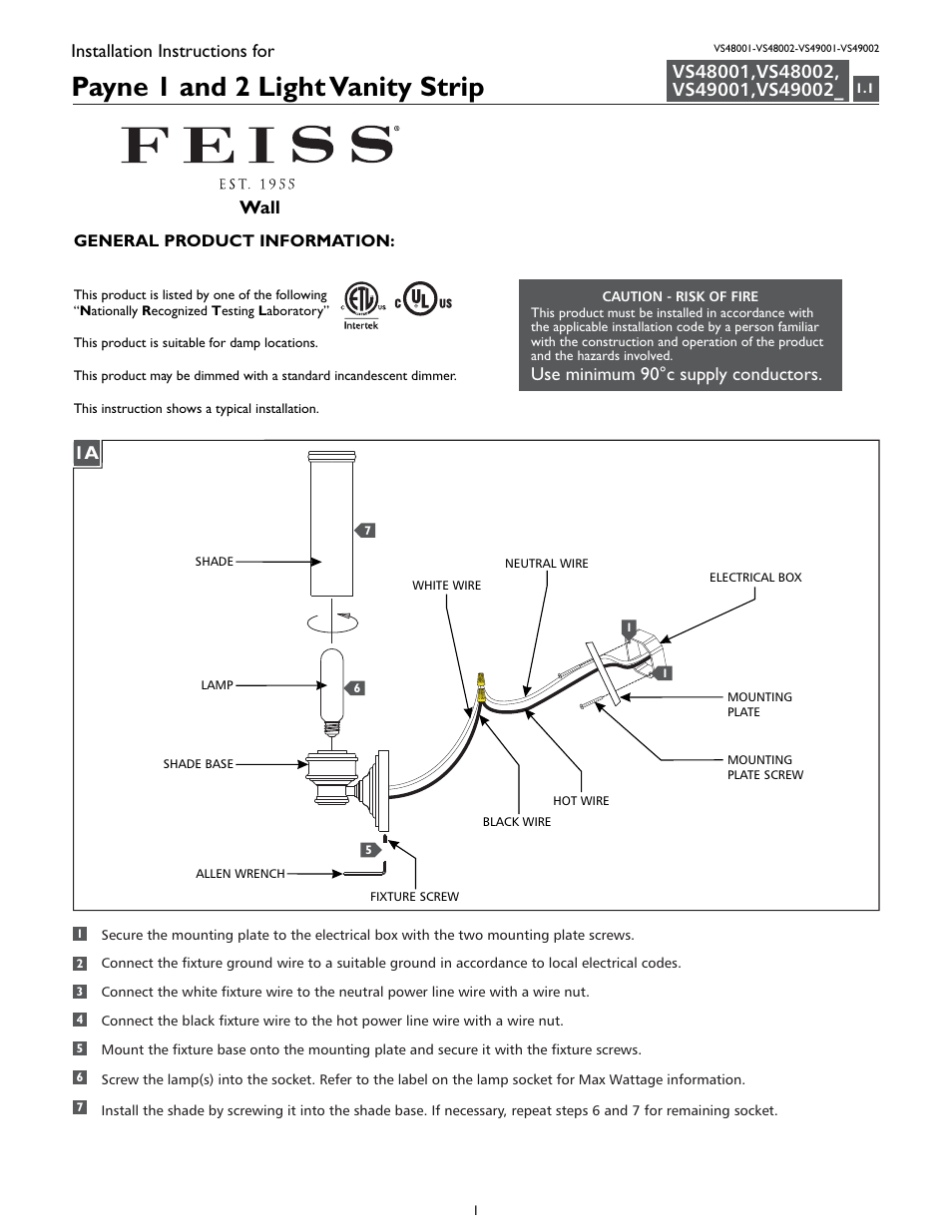 Feiss VS49002 User Manual | 4 pages