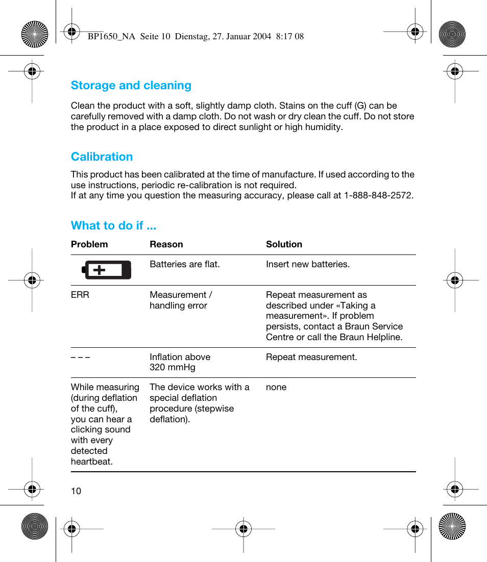 Storage and cleaning, Calibration, What to do if | Braun bp1600 User Manual | Page 10 / 39