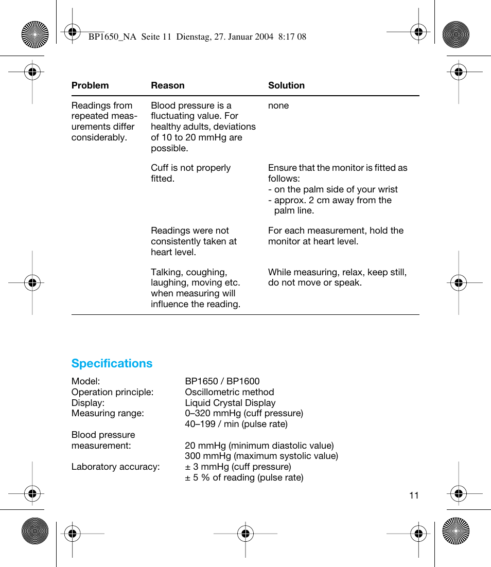 Specifications | Braun bp1600 User Manual | Page 11 / 39