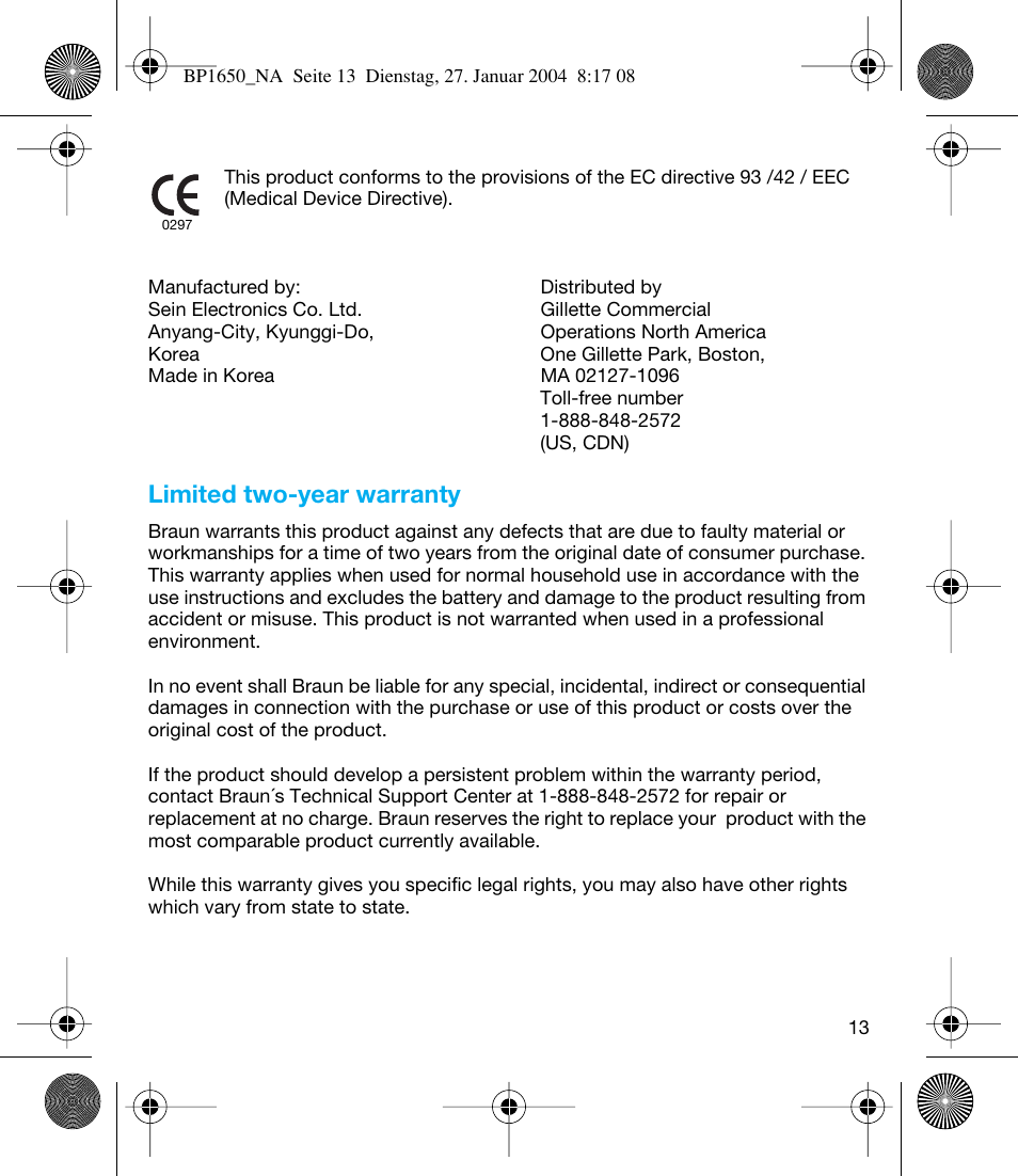 Limited two-year warranty | Braun bp1600 User Manual | Page 13 / 39