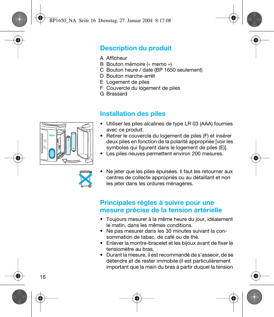 Description du produit, Installation des piles | Braun bp1600 User Manual | Page 16 / 39