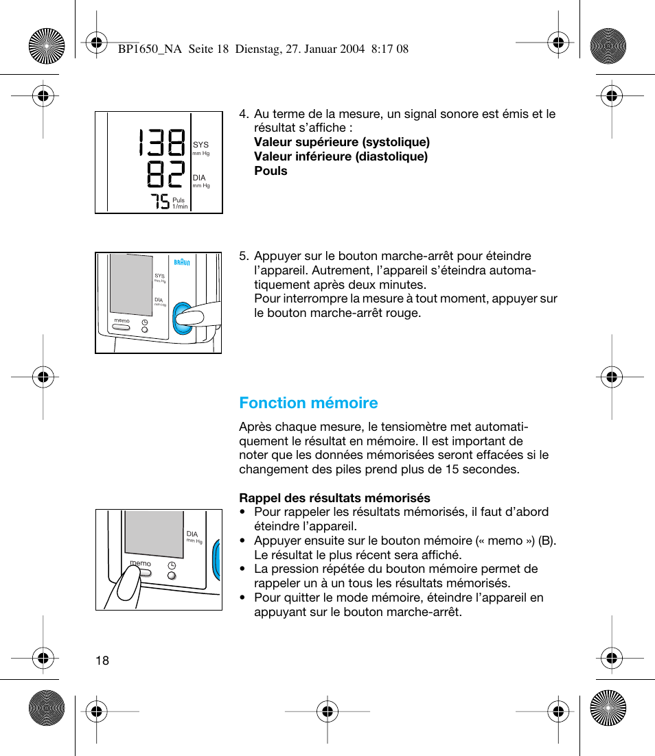 Fonction mémoire | Braun bp1600 User Manual | Page 18 / 39