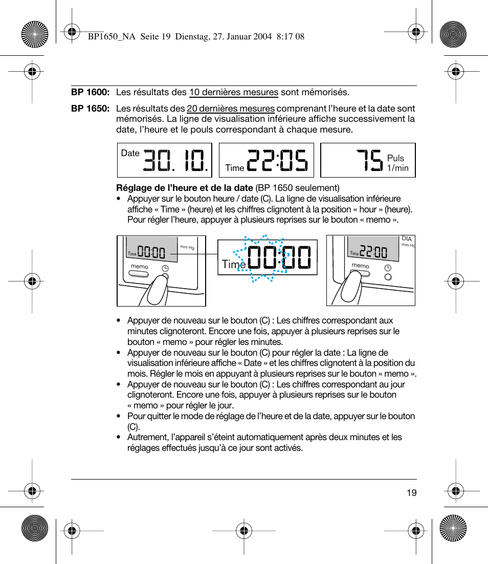 Time | Braun bp1600 User Manual | Page 19 / 39