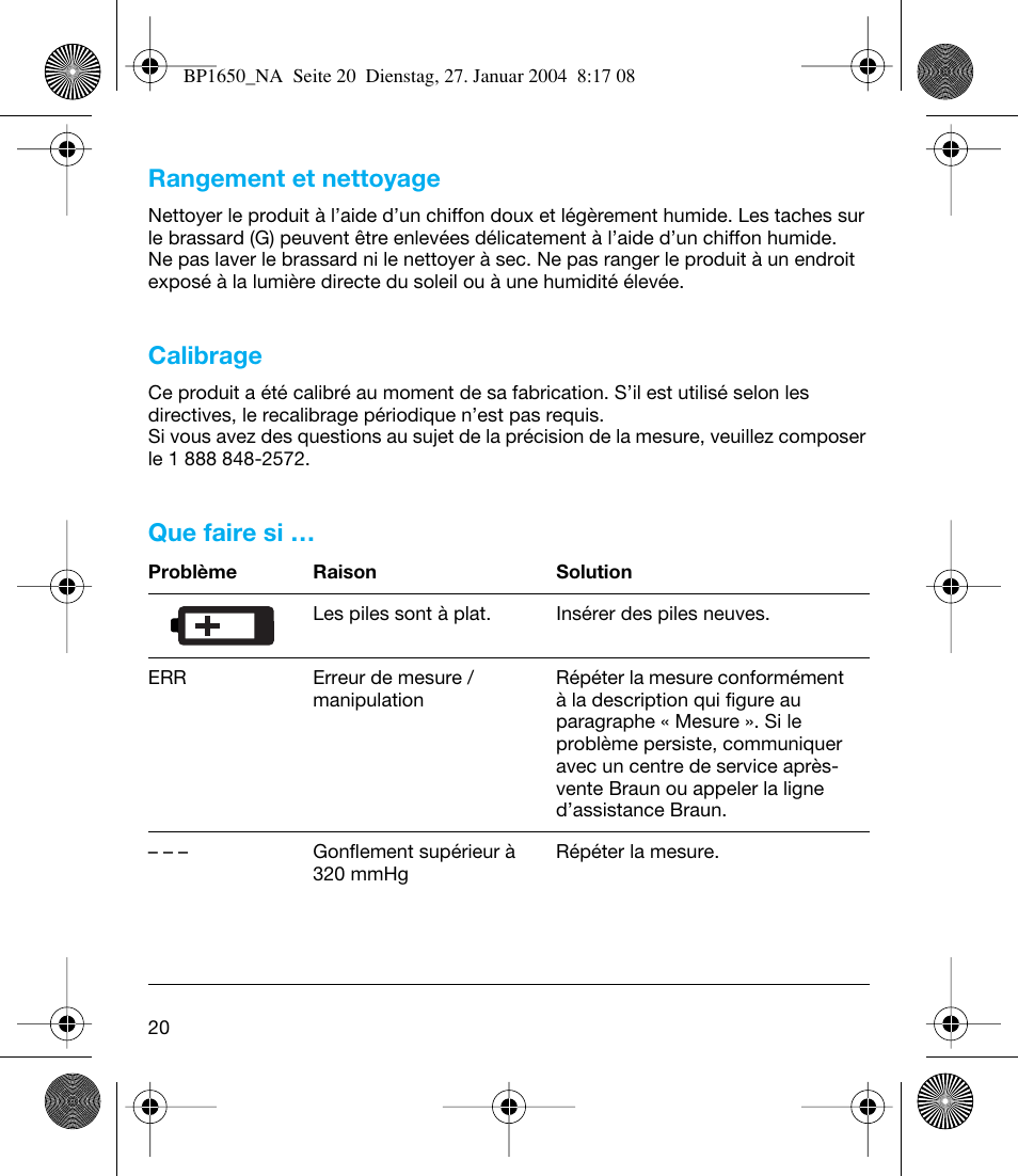 Rangement et nettoyage, Calibrage, Que faire si | Braun bp1600 User Manual | Page 20 / 39