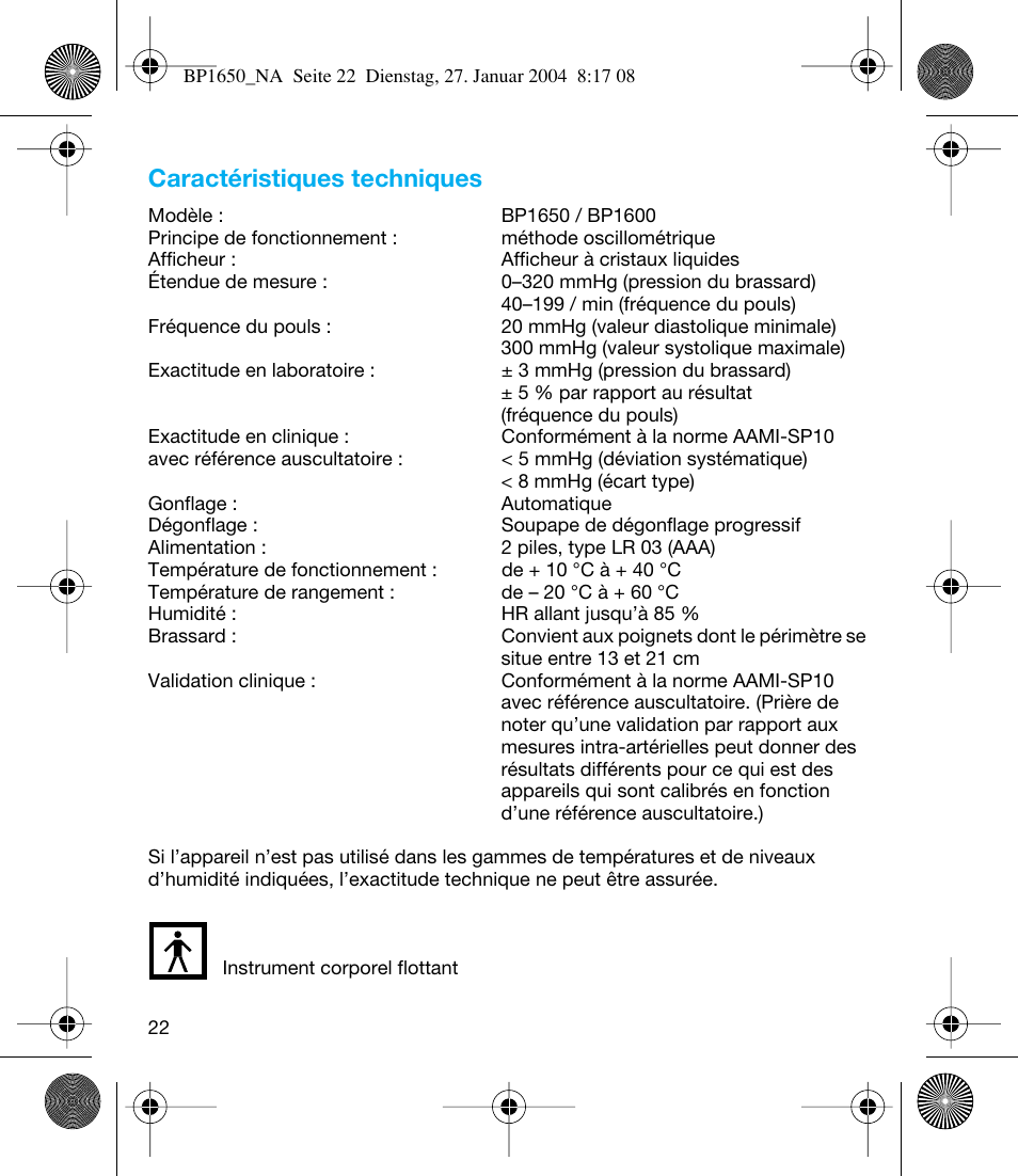 Caractéristiques techniques | Braun bp1600 User Manual | Page 22 / 39