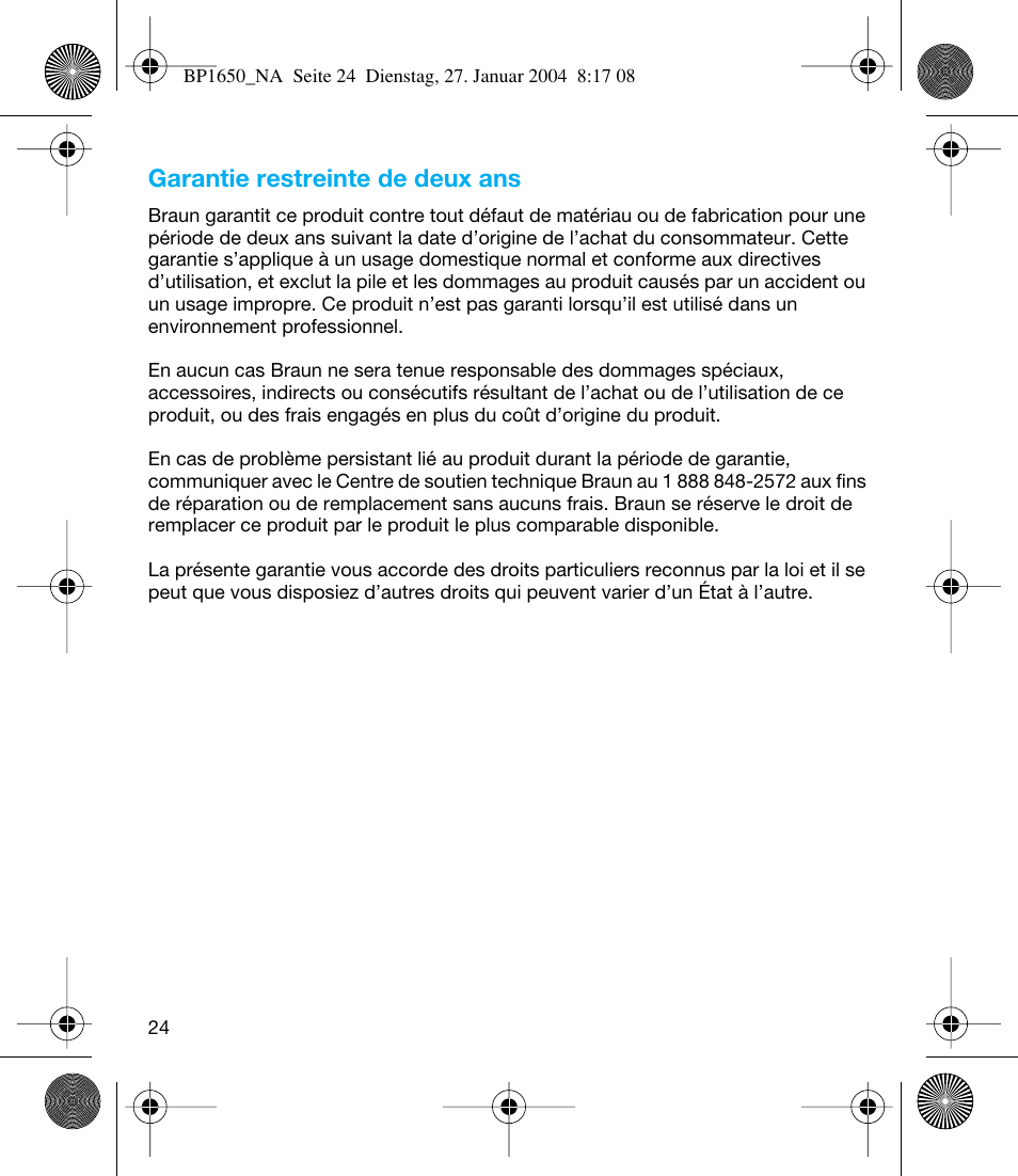 Garantie restreinte de deux ans | Braun bp1600 User Manual | Page 24 / 39