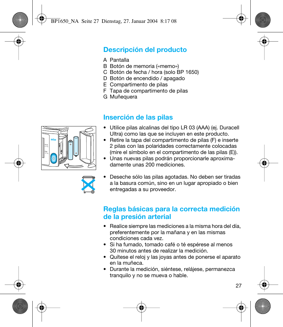 Descripción del producto, Inserción de las pilas | Braun bp1600 User Manual | Page 27 / 39