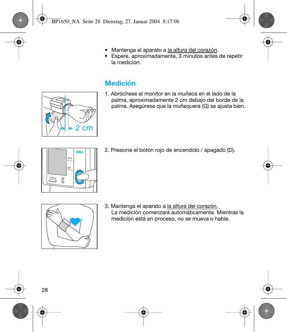 2 cm, Medición | Braun bp1600 User Manual | Page 28 / 39