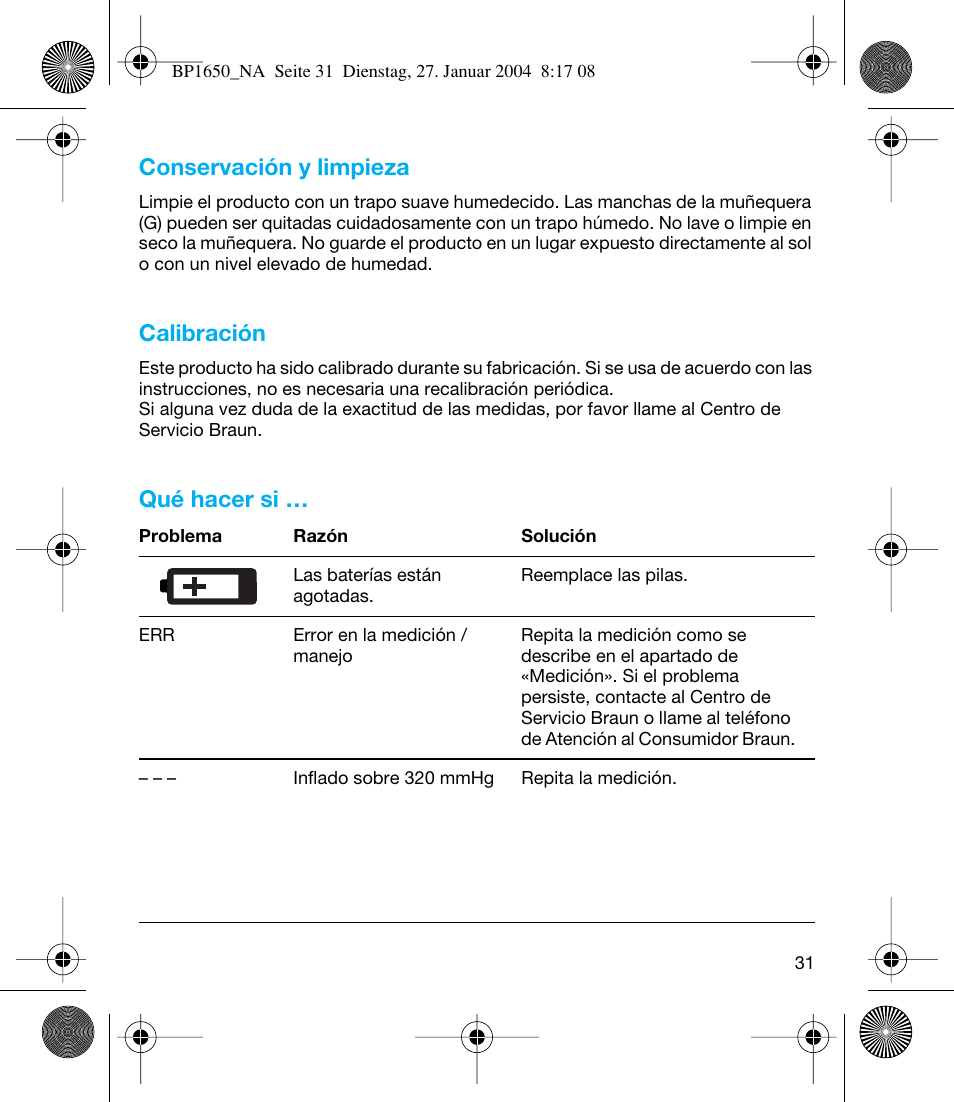 Conservación y limpieza, Calibración, Qué hacer si | Braun bp1600 User Manual | Page 31 / 39