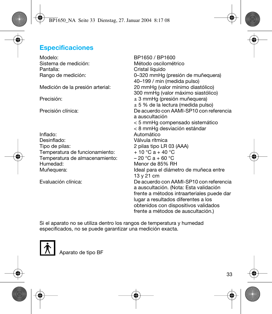 Especificaciones | Braun bp1600 User Manual | Page 33 / 39