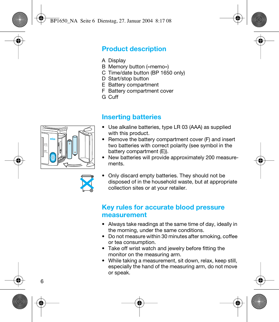 Product description, Inserting batteries, Key rules for accurate blood pressure measurement | Braun bp1600 User Manual | Page 6 / 39