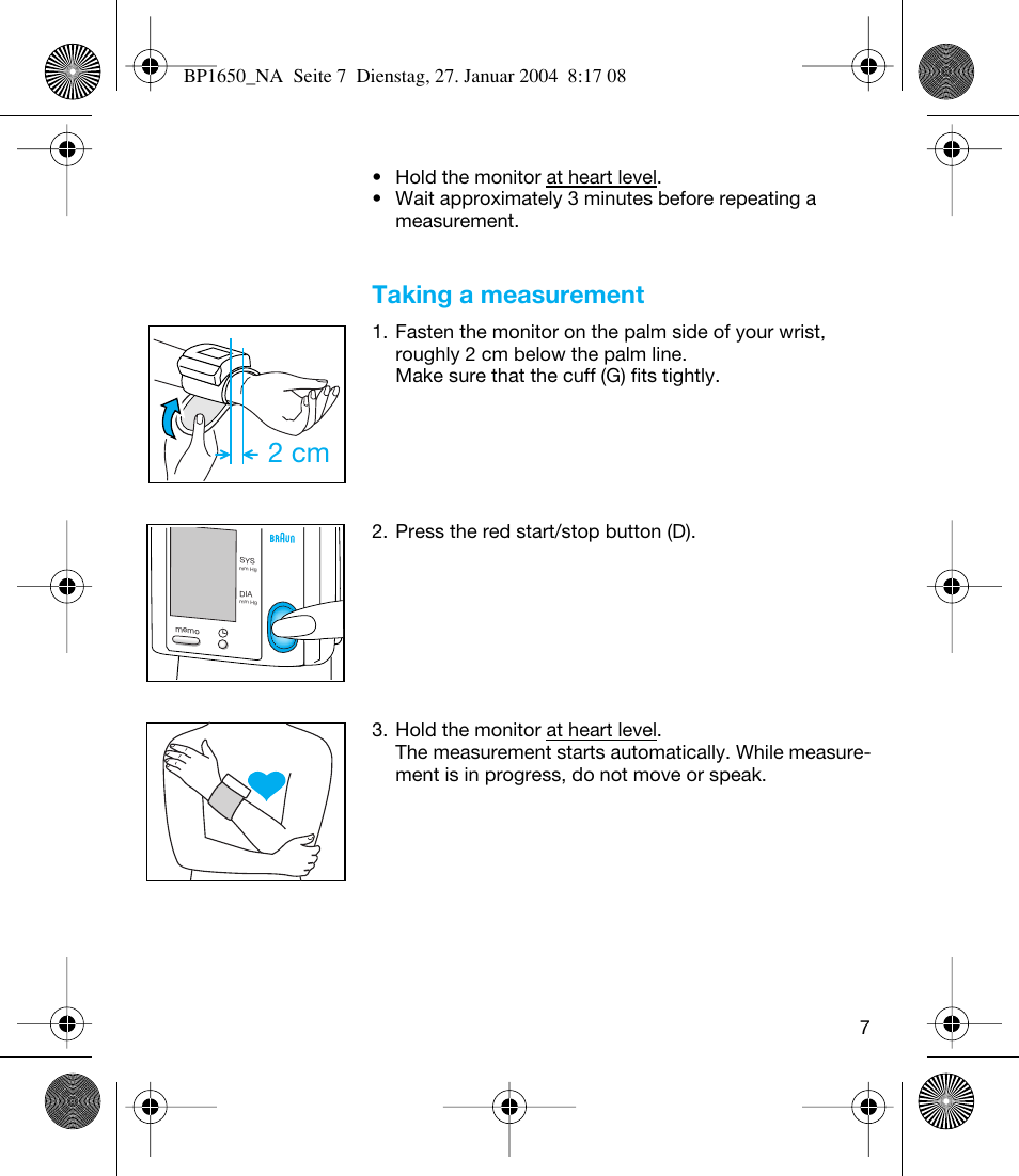 2 cm, Taking a measurement | Braun bp1600 User Manual | Page 7 / 39