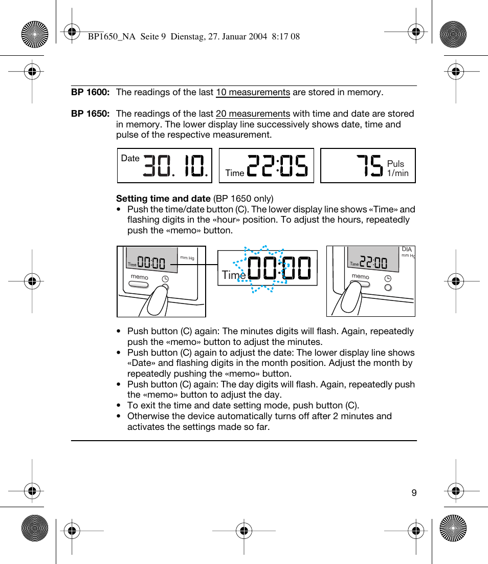 Time | Braun bp1600 User Manual | Page 9 / 39