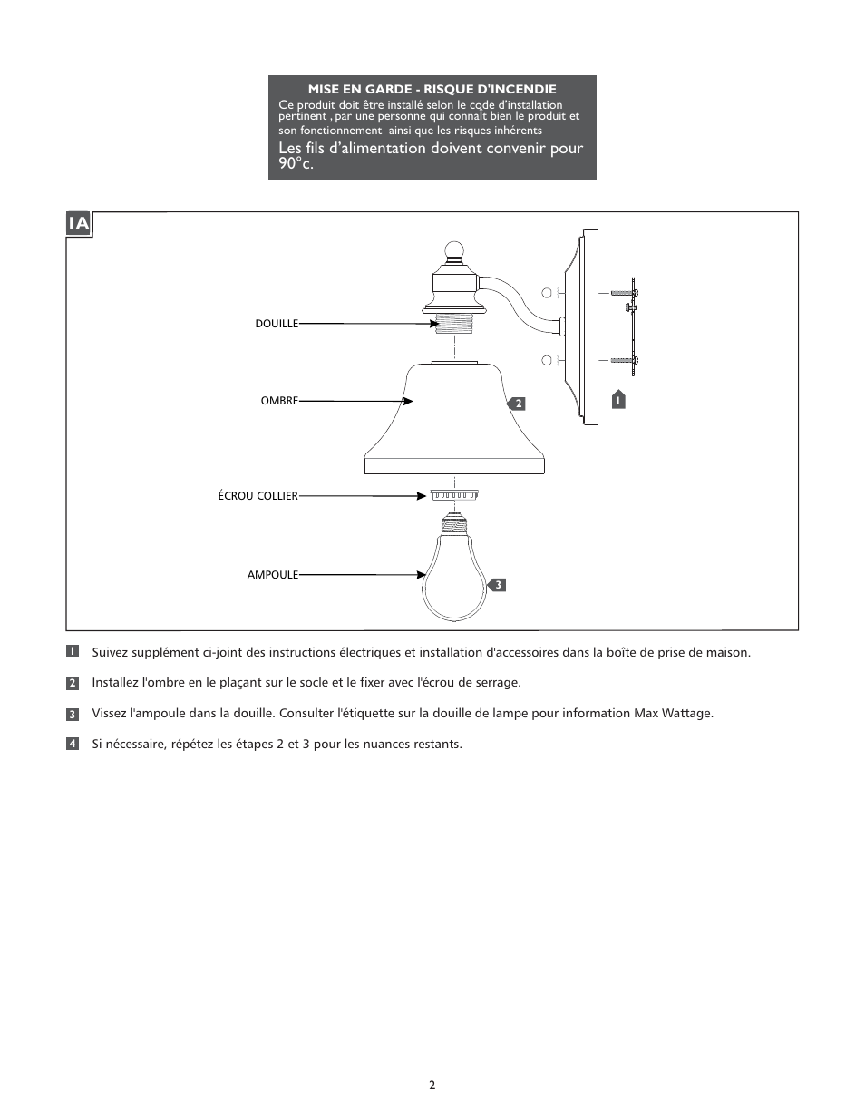 Les fils d’alimentation doivent convenir pour 90°c | Feiss VS3100_ User Manual | Page 2 / 4