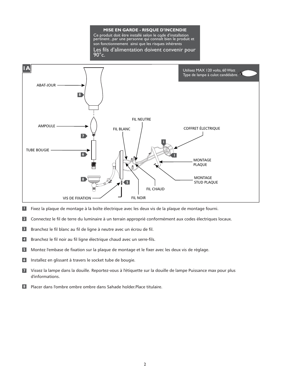 Les fils d’alimentation doivent convenir pour 90°c | Feiss WB1598 User Manual | Page 2 / 4