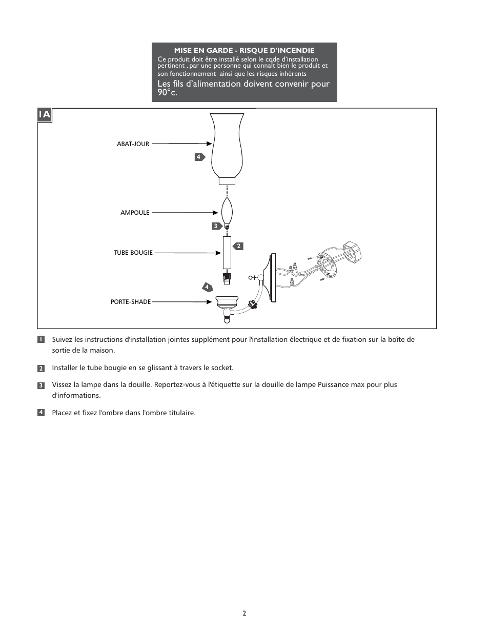 Les fils d’alimentation doivent convenir pour 90°c | Feiss WB1597 User Manual | Page 2 / 4