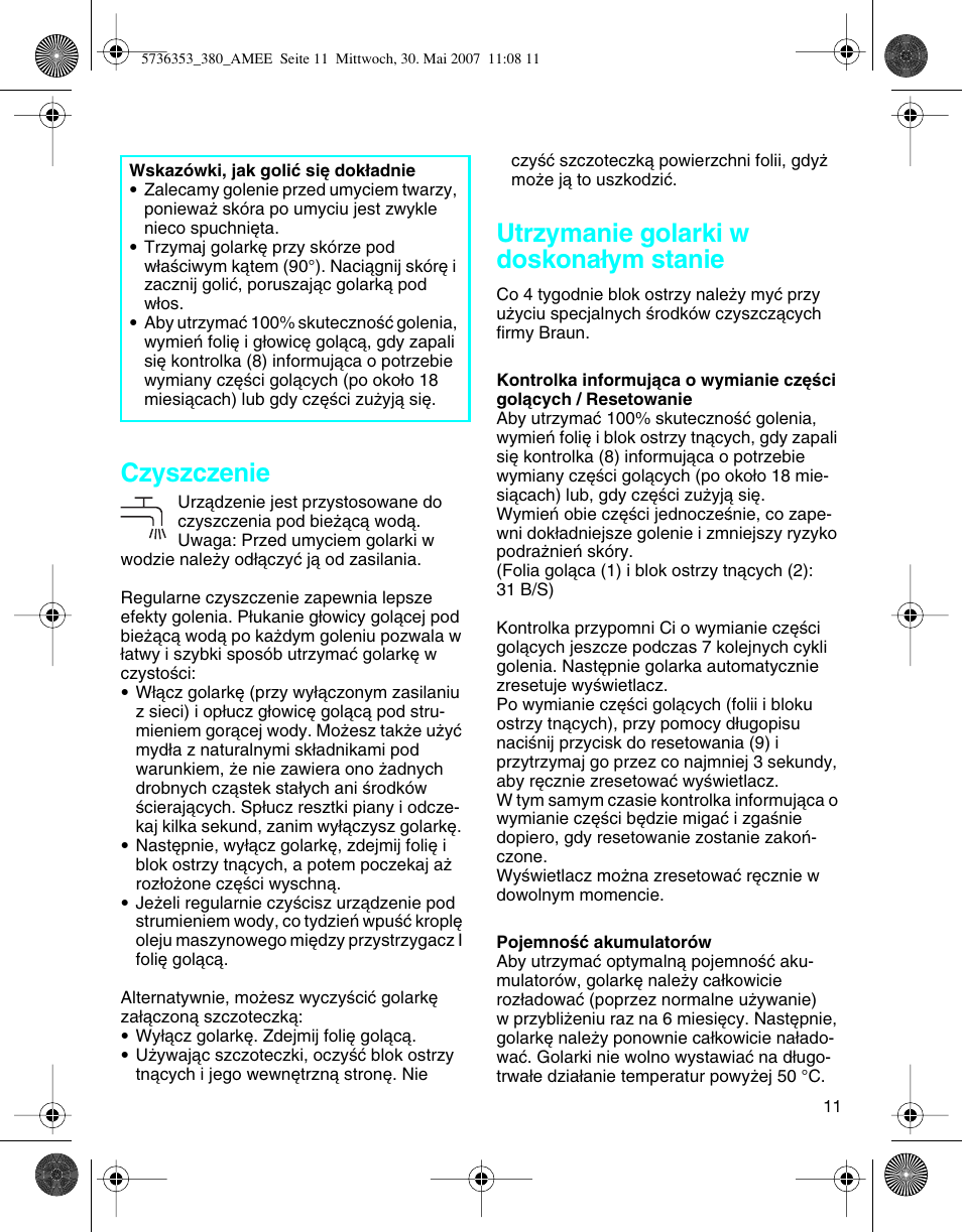 Czyszczenie, Utrzymanie golarki w doskona∏ym stanie | Braun 5736 User Manual | Page 11 / 40