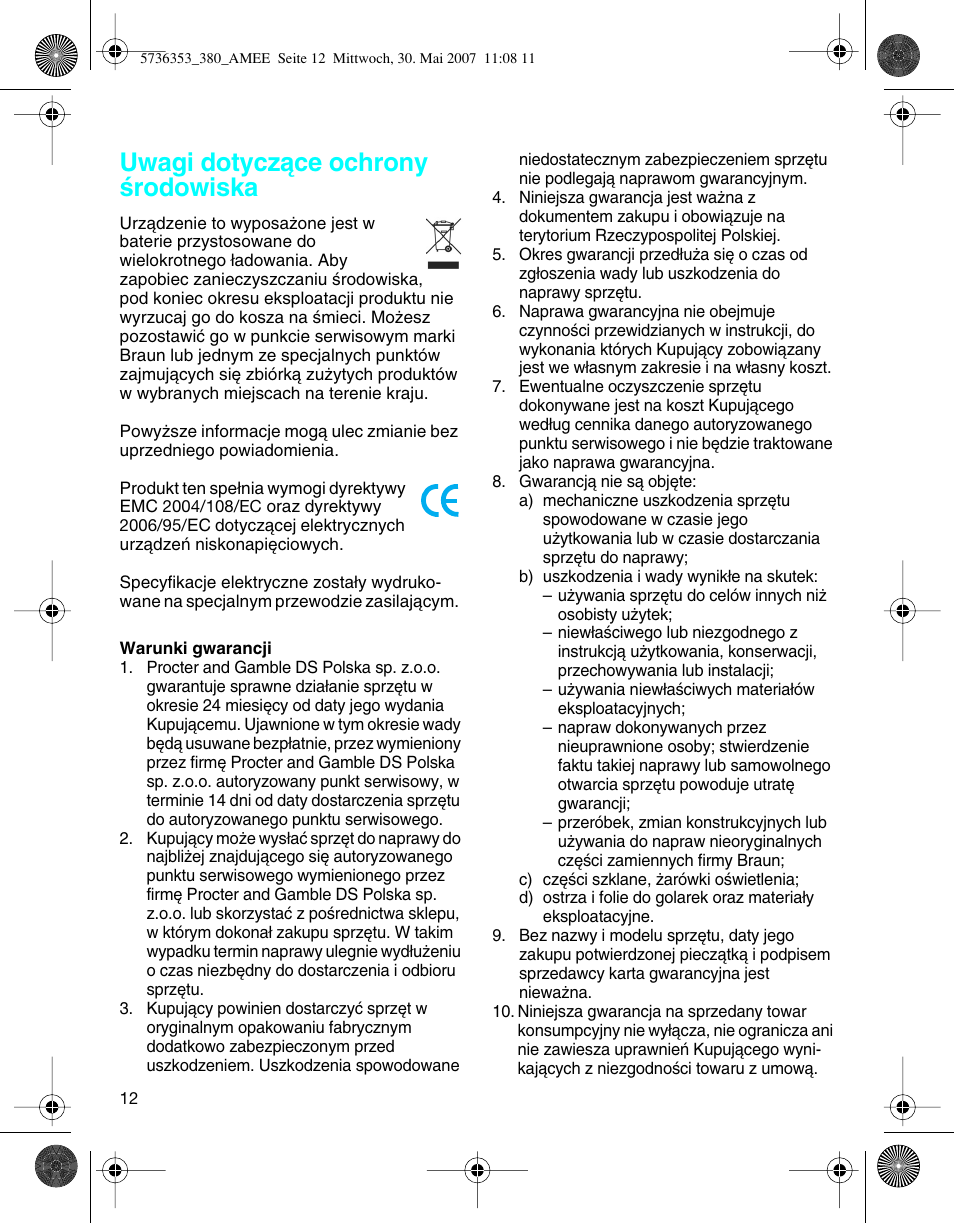 Uwagi dotyczàce ochrony êrodowiska | Braun 5736 User Manual | Page 12 / 40