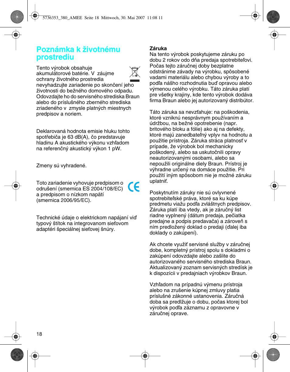Poznámka k ïivotnému prostrediu | Braun 5736 User Manual | Page 18 / 40