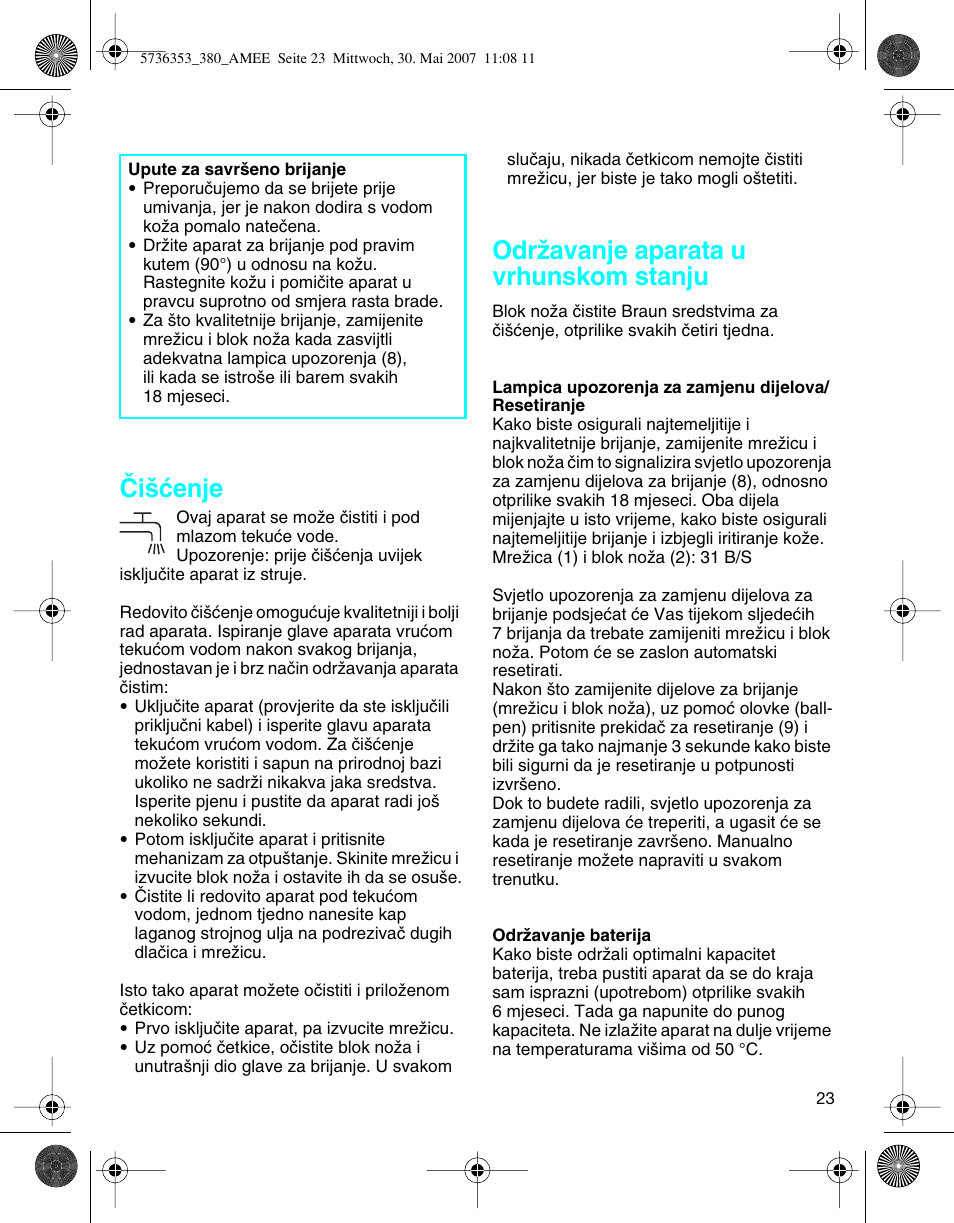 Âi‰çenje, Odrïavanje aparata u vrhunskom stanju | Braun 5736 User Manual | Page 23 / 40