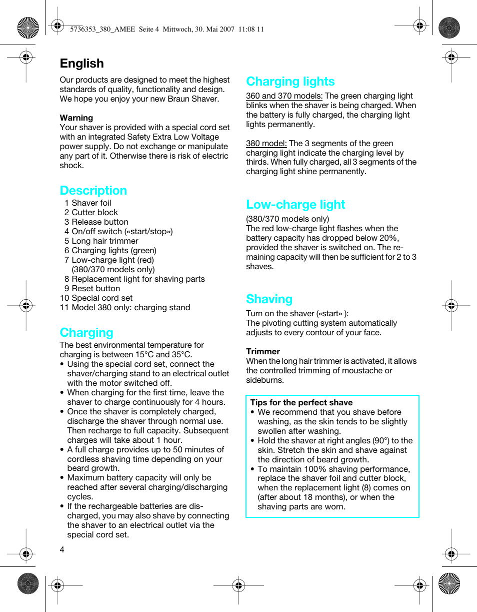 English, Description, Charging | Charging lights, Low-charge light, Shaving | Braun 5736 User Manual | Page 4 / 40