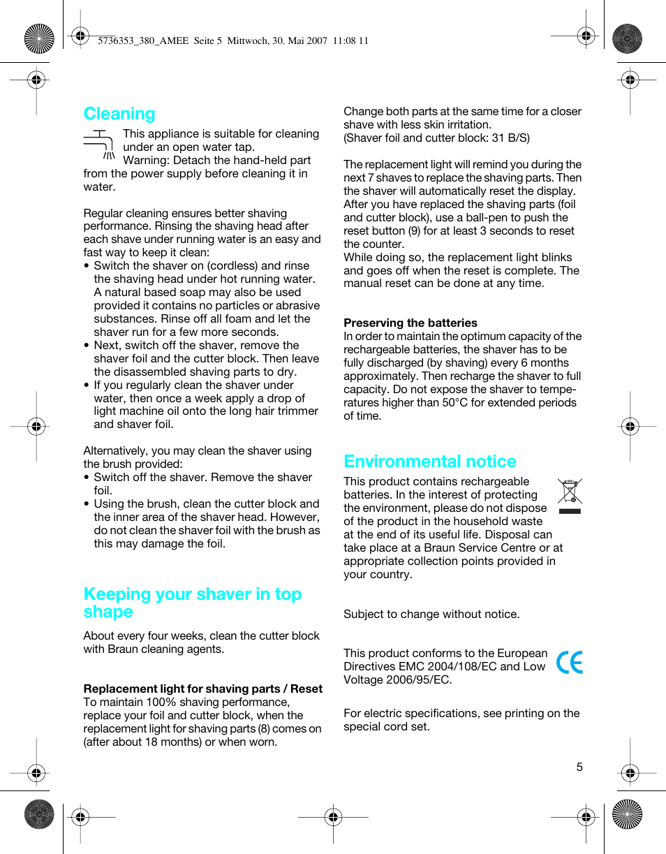 Cleaning, Keeping your shaver in top shape, Environmental notice | Braun 5736 User Manual | Page 5 / 40