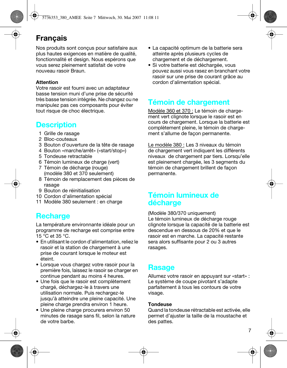 Français, Description, Recharge | Témoin de chargement, Témoin lumineux de décharge, Rasage | Braun 5736 User Manual | Page 7 / 40