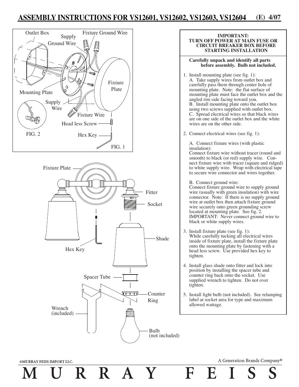 Feiss VS1260_ User Manual | 1 page