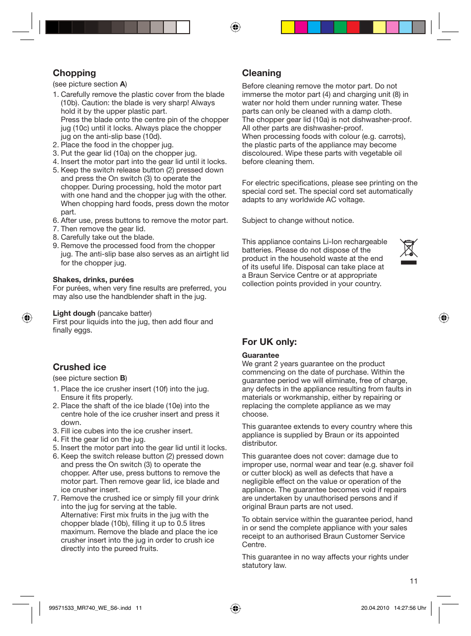 Braun Cordless Hand Processor MR 740 CC User Manual | Page 10 / 45