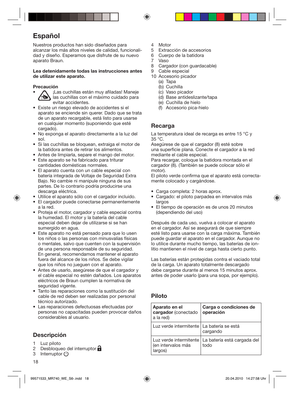 Español | Braun Cordless Hand Processor MR 740 CC User Manual | Page 17 / 45