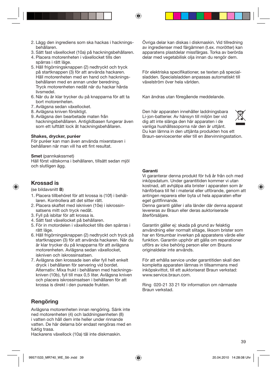 Braun Cordless Hand Processor MR 740 CC User Manual | Page 38 / 45