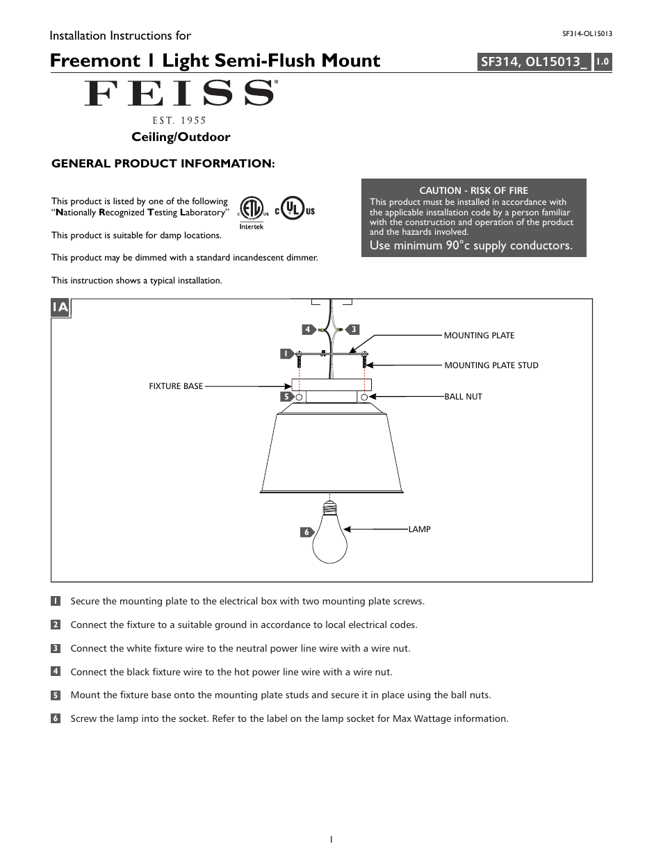 Feiss OL15013 User Manual | 4 pages