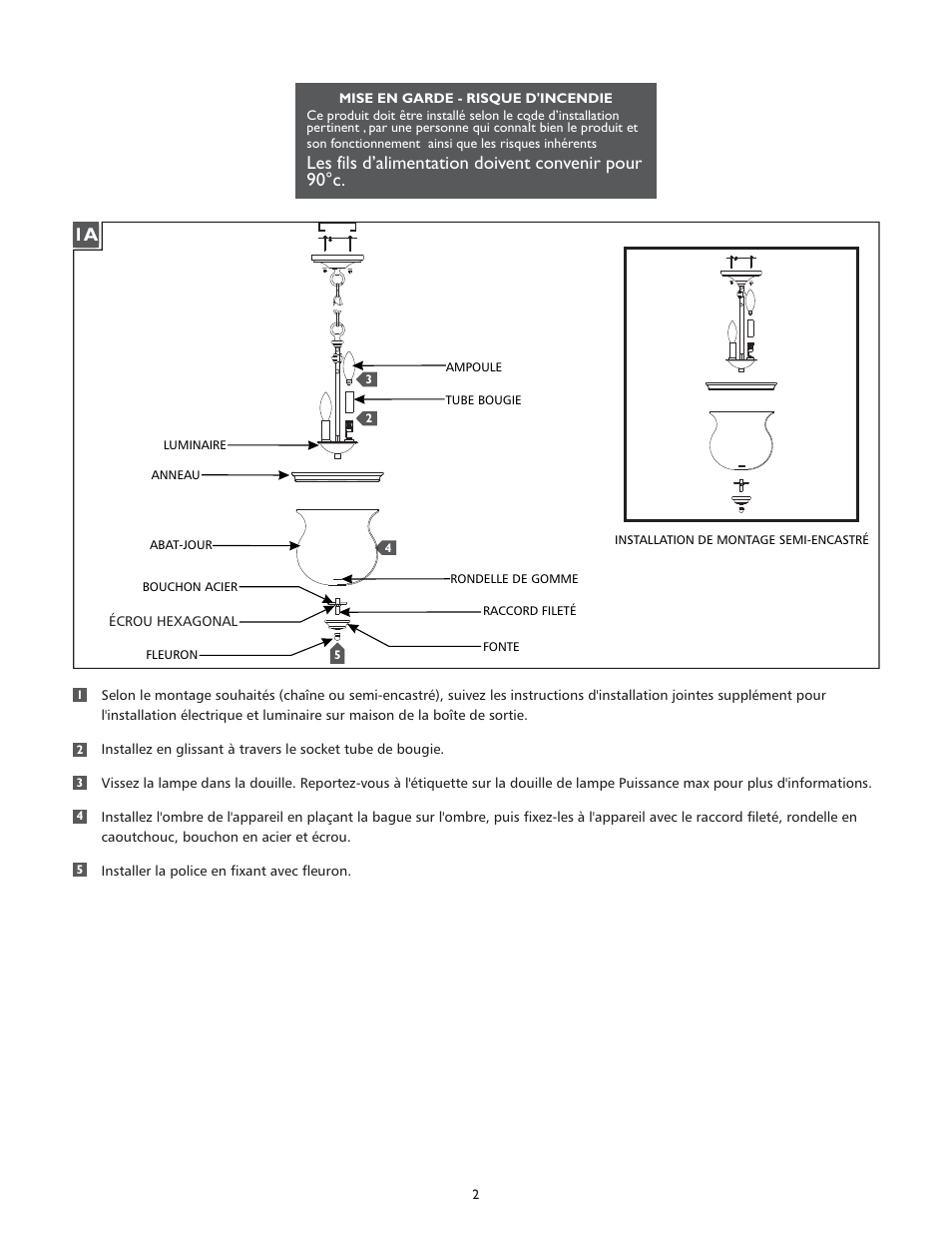 Les fils d’alimentation doivent convenir pour 90°c | Feiss SF309 User Manual | Page 2 / 4