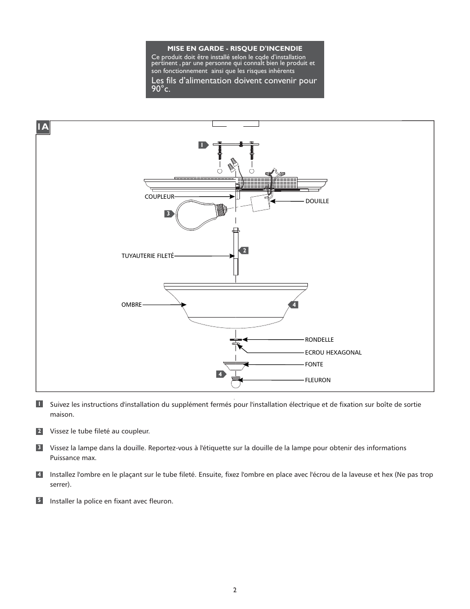 Les fils d’alimentation doivent convenir pour 90°c | Feiss FM377 User Manual | Page 2 / 4
