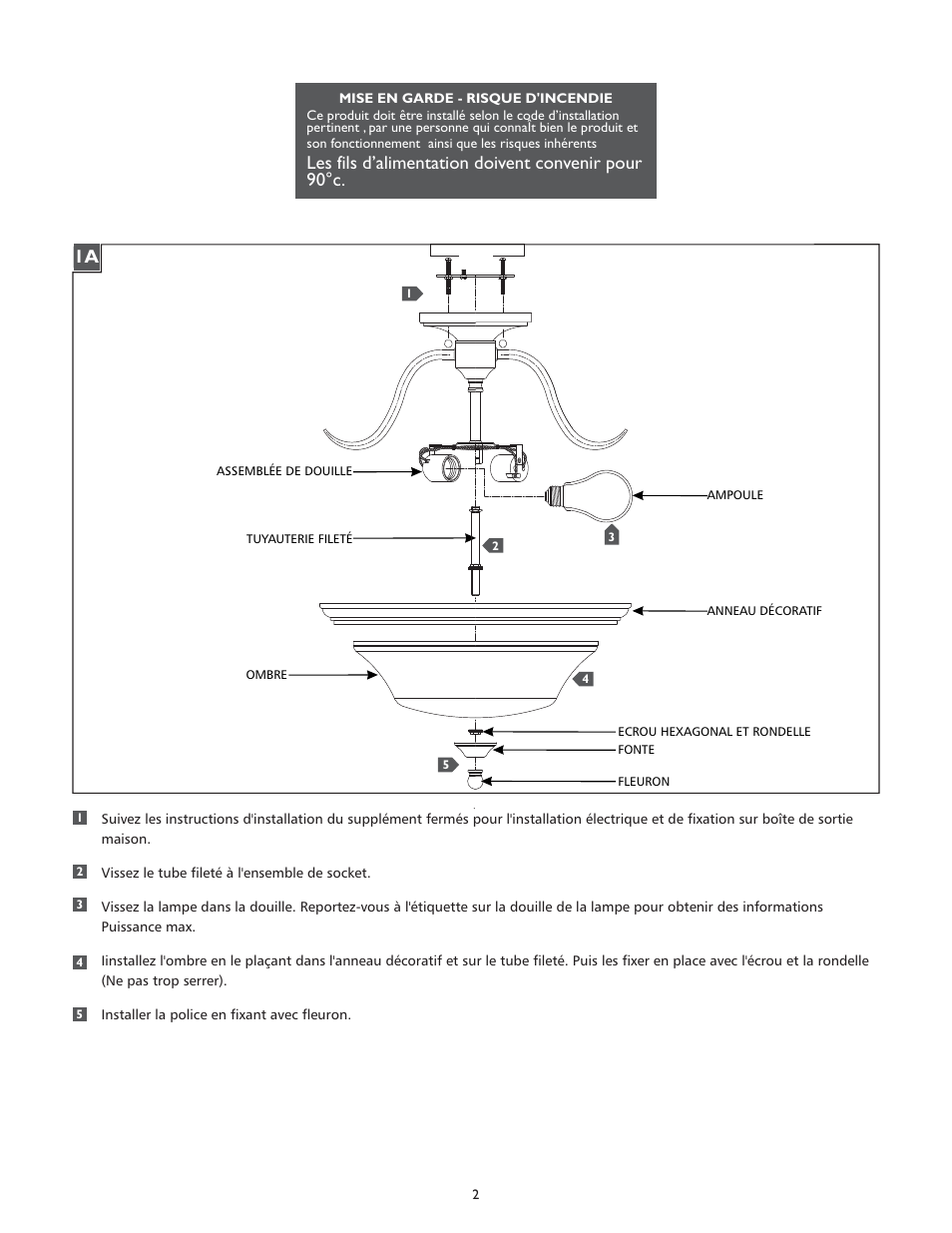 Les fils d’alimentation doivent convenir pour 90°c | Feiss SF307 User Manual | Page 2 / 4