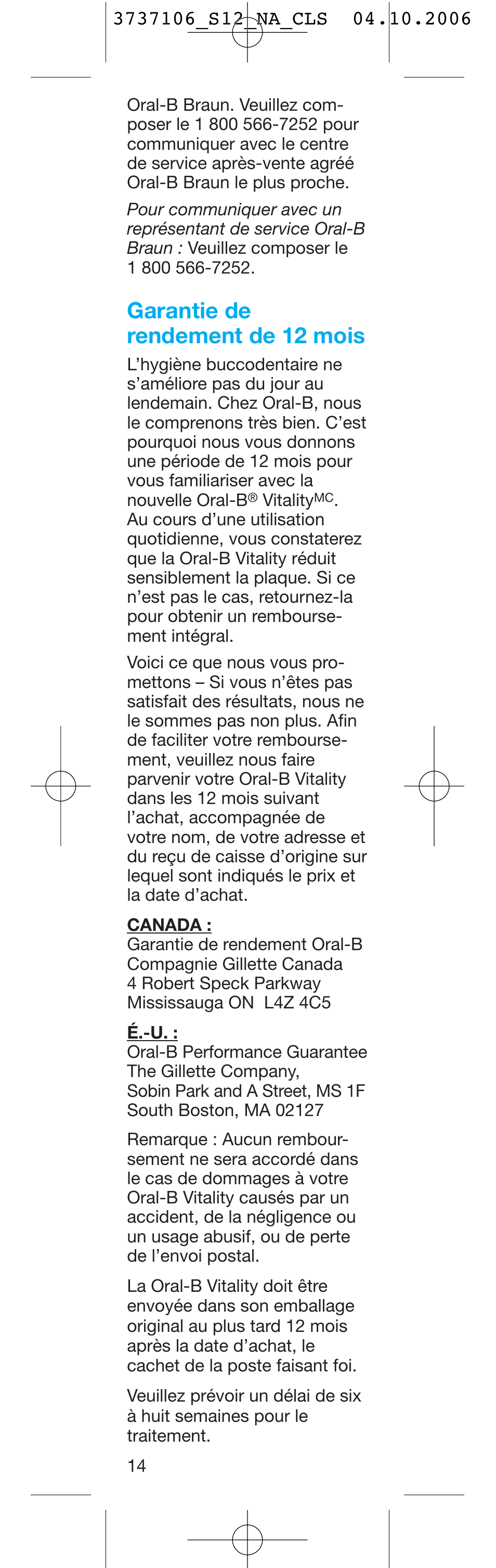 Garantie de rendement de 12 mois | Braun Oral-B S12513 User Manual | Page 14 / 20