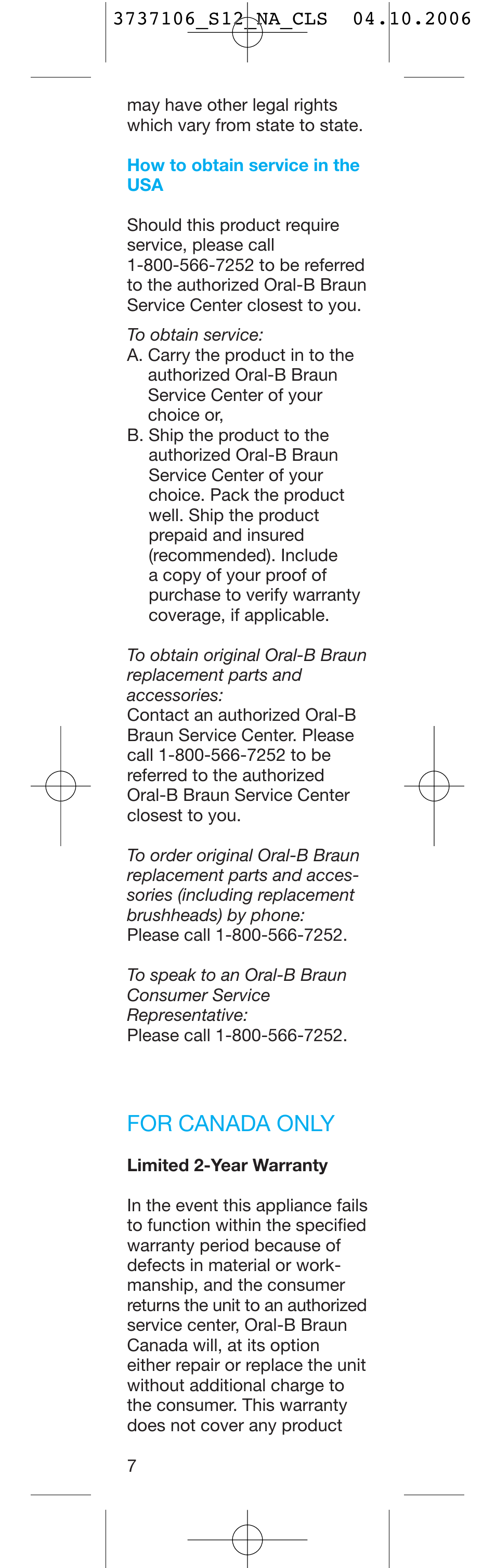 For canada only | Braun Oral-B S12513 User Manual | Page 7 / 20