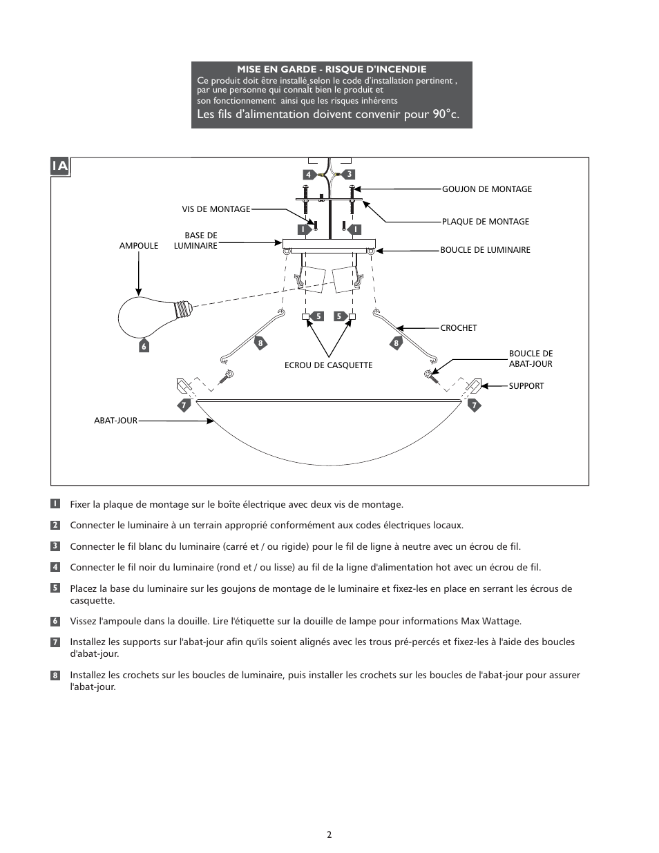 Les fils d’alimentation doivent convenir pour 90°c | Feiss FM212 User Manual | Page 2 / 4