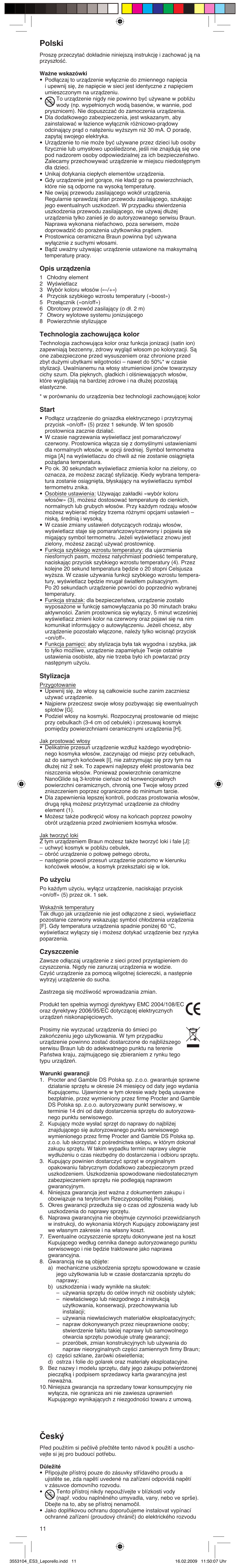 Polski, Âesk, Opis urządzenia | Technologia zachowująca kolor, Start, Stylizacja, Po użyciu, Czyszczenie | Braun SATIN HAIR COLOUR ES 3 User Manual | Page 11 / 23