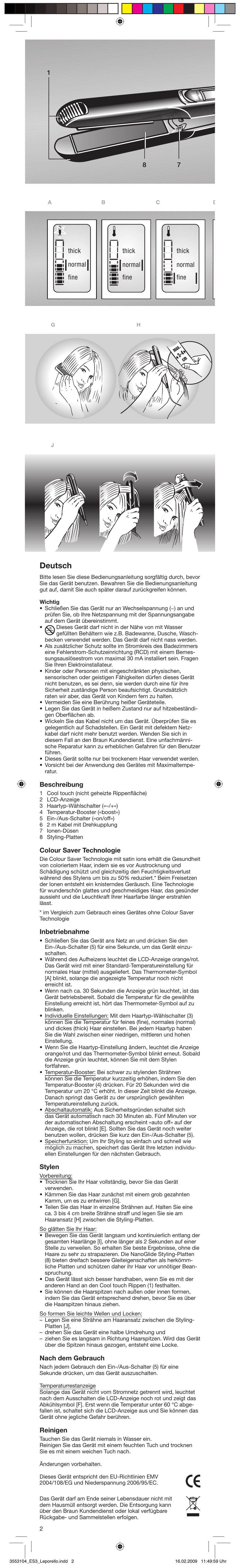 Deutsch, Beschreibung, Colour saver technologie | Inbetriebnahme, Stylen, Nach dem gebrauch, Reinigen | Braun SATIN HAIR COLOUR ES 3 User Manual | Page 2 / 23