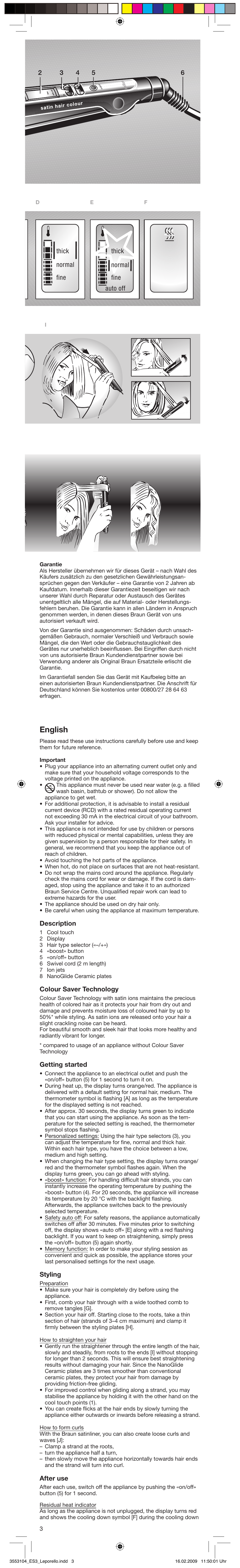 English, Fine thick fine thick normal auto off normal, Description | Colour saver technology, Getting started, Styling, After use | Braun SATIN HAIR COLOUR ES 3 User Manual | Page 3 / 23