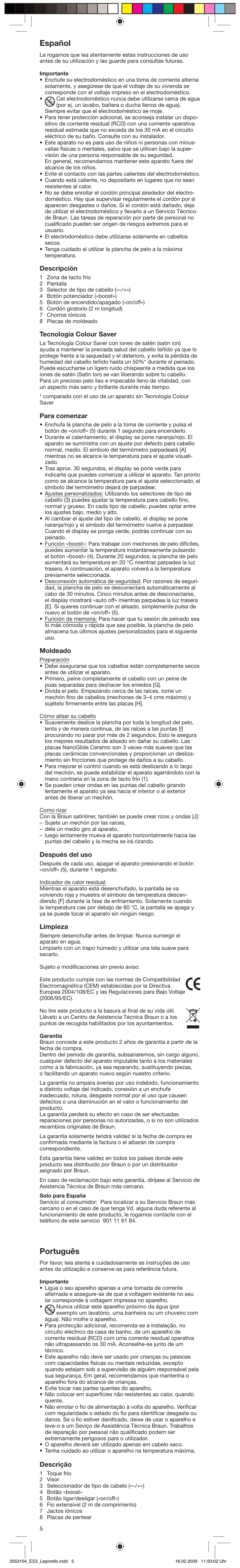 Español, Português, Descripción | Tecnología colour saver, Para comenzar, Moldeado, Después del uso, Limpieza, Descrição | Braun SATIN HAIR COLOUR ES 3 User Manual | Page 5 / 23