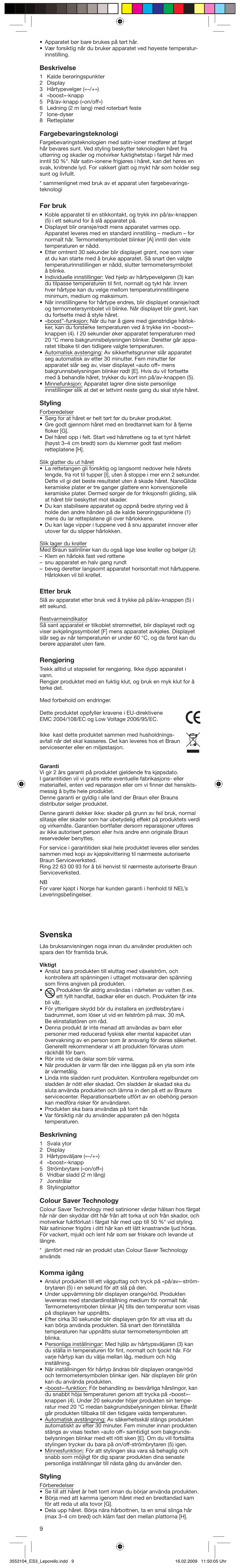 Svenska, Beskrivelse, Fargebevaringsteknologi | Før bruk, Styling, Etter bruk, Rengjøring, Beskrivning, Colour saver technology, Komma igång | Braun SATIN HAIR COLOUR ES 3 User Manual | Page 9 / 23