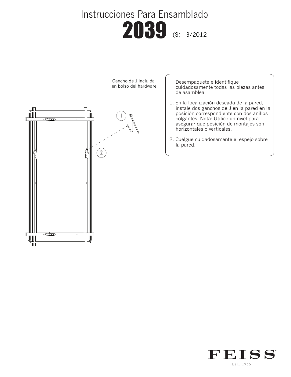 2039 (s), Instrucciones para ensamblado | Feiss Mirror Hanging v.1 (2039) User Manual | Page 3 / 3