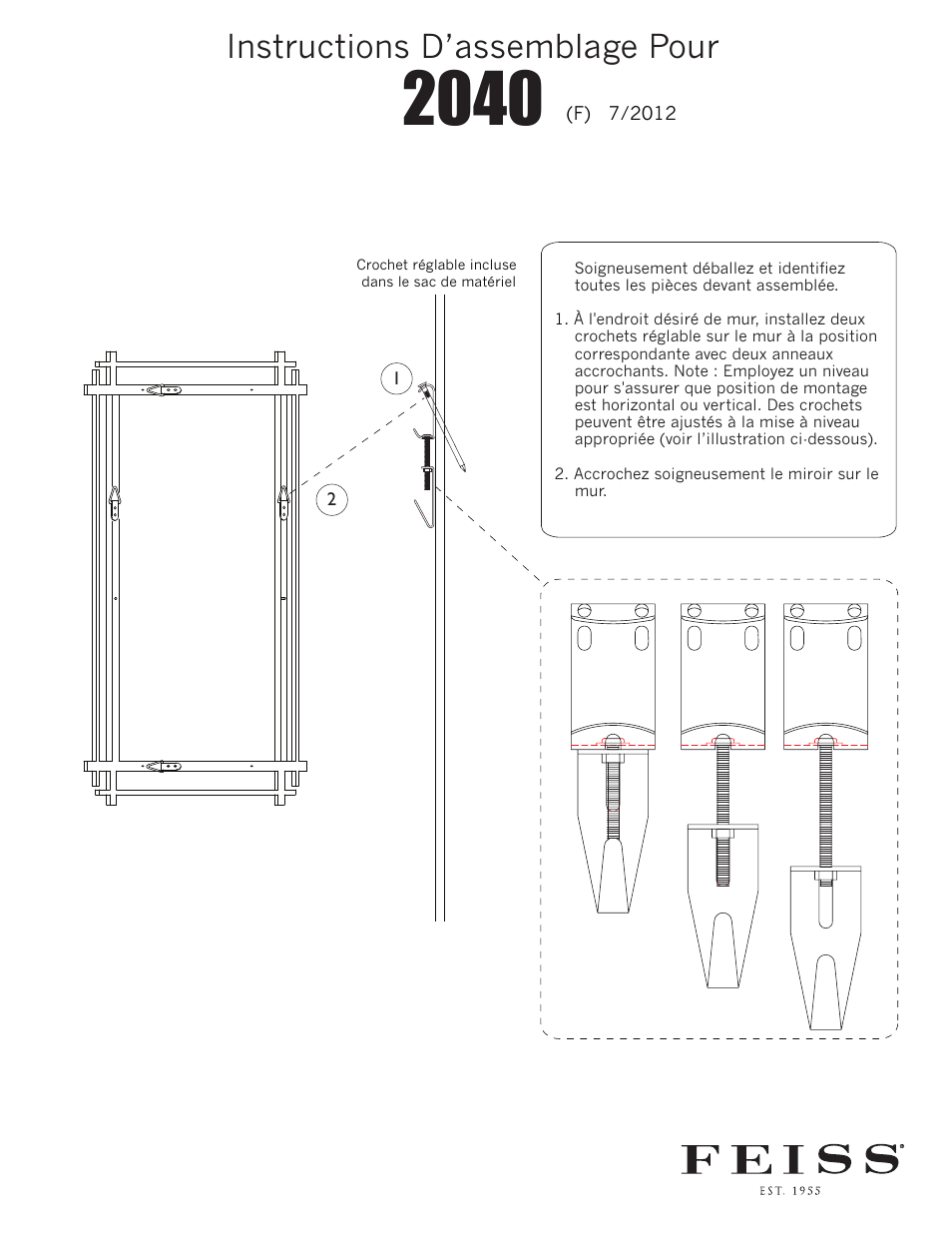 2040 (f), Instructions d’assemblage pour | Feiss Mirror Hanging v.2 (2040) User Manual | Page 2 / 3