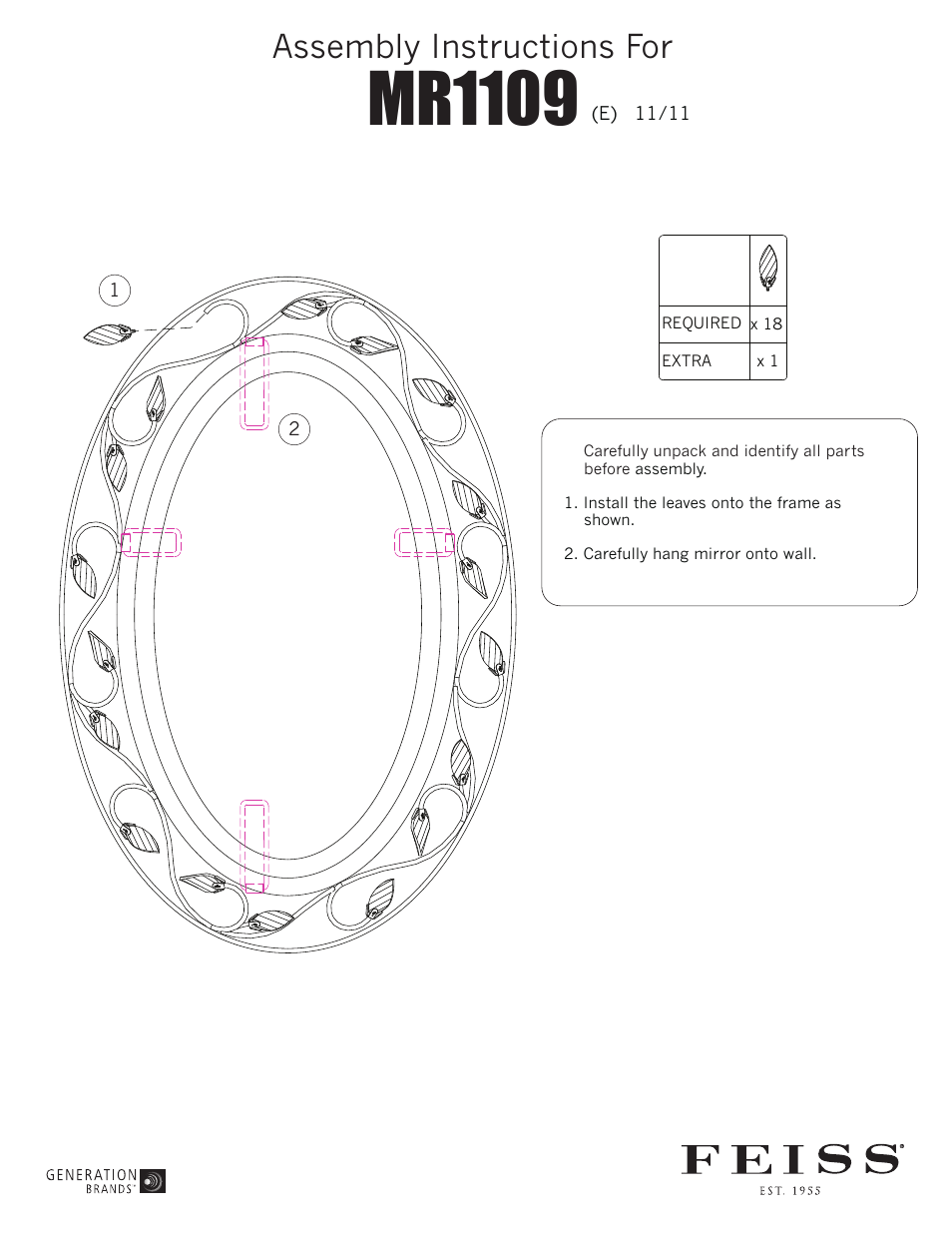 Feiss MR1109 Mirror User Manual | 1 page