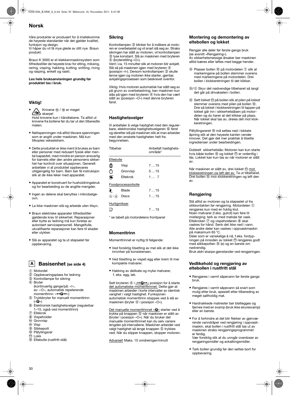 Basisenhet, Norsk | Braun MULTIQUICK 7 K3000 User Manual | Page 29 / 61
