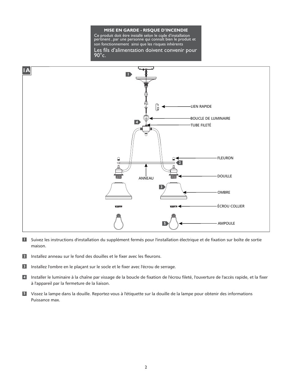 Les fils d’alimentation doivent convenir pour 90°c | Feiss F2781-3 User Manual | Page 2 / 4